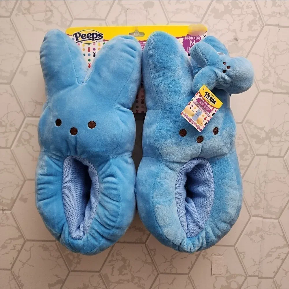 New Kids Easter Peeps Plush Bunny Blue Slippers, Size M 13-1